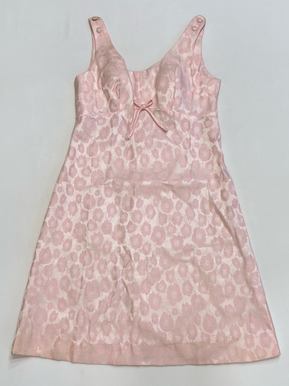 Vintage 60s Pink Floral Jacquard Empire Waist Mini Dress Sz Small Cocktail Party